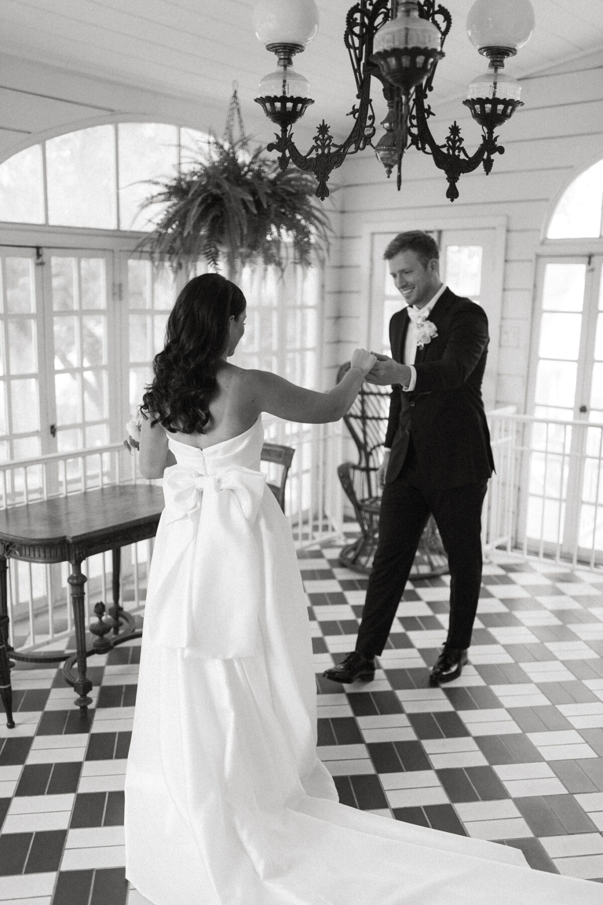 bride and groom first look at woodbine mansion