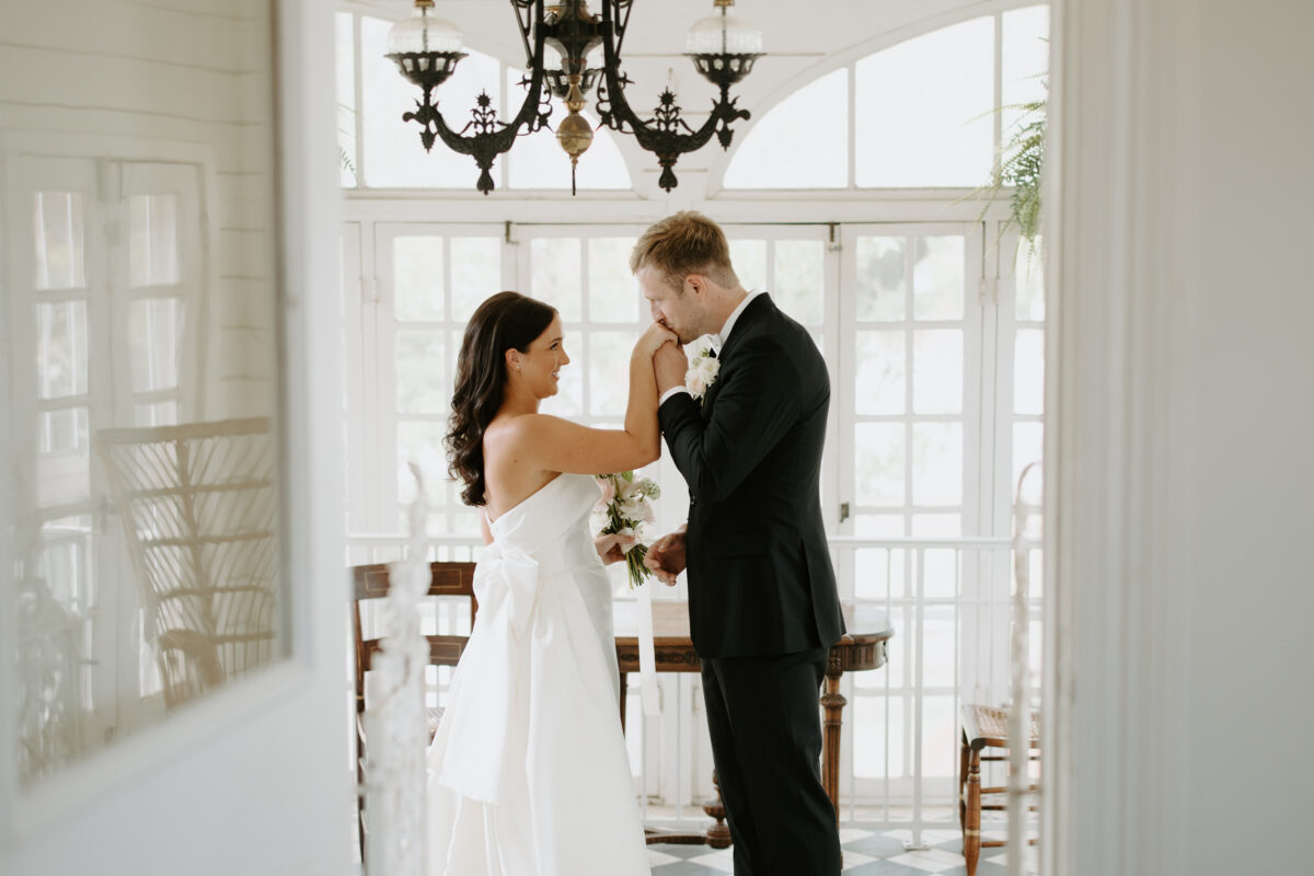 bride and groom first look at woodbine mansion 