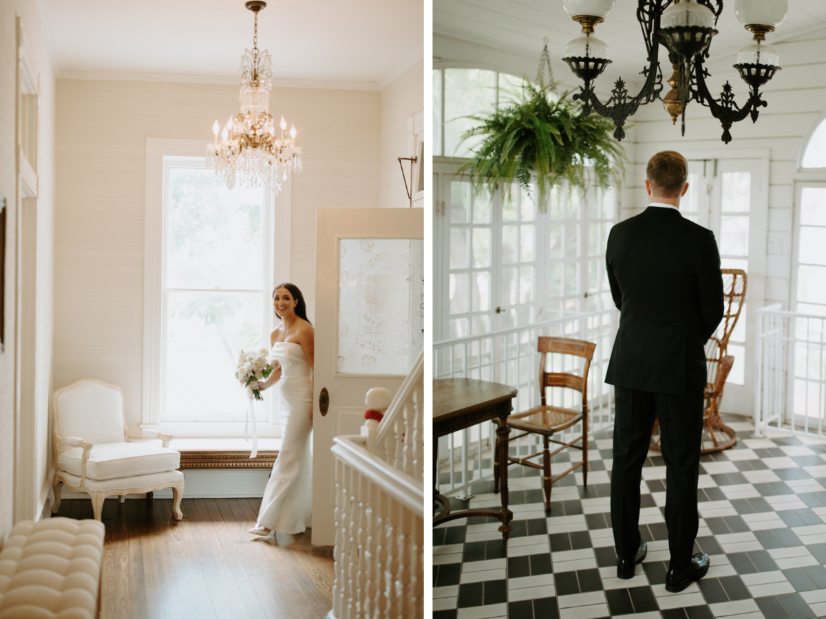 bride and groom first look at woodbine mansion